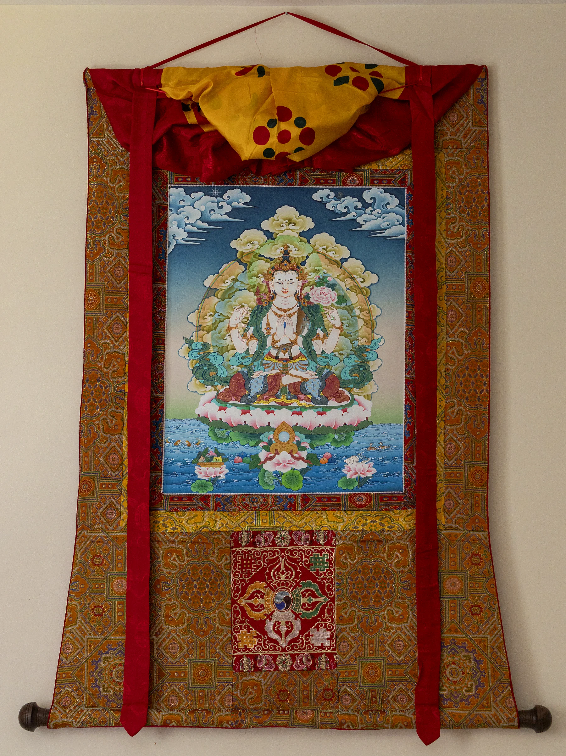 Four-Armed Chenrezig thangka with full brocade mount