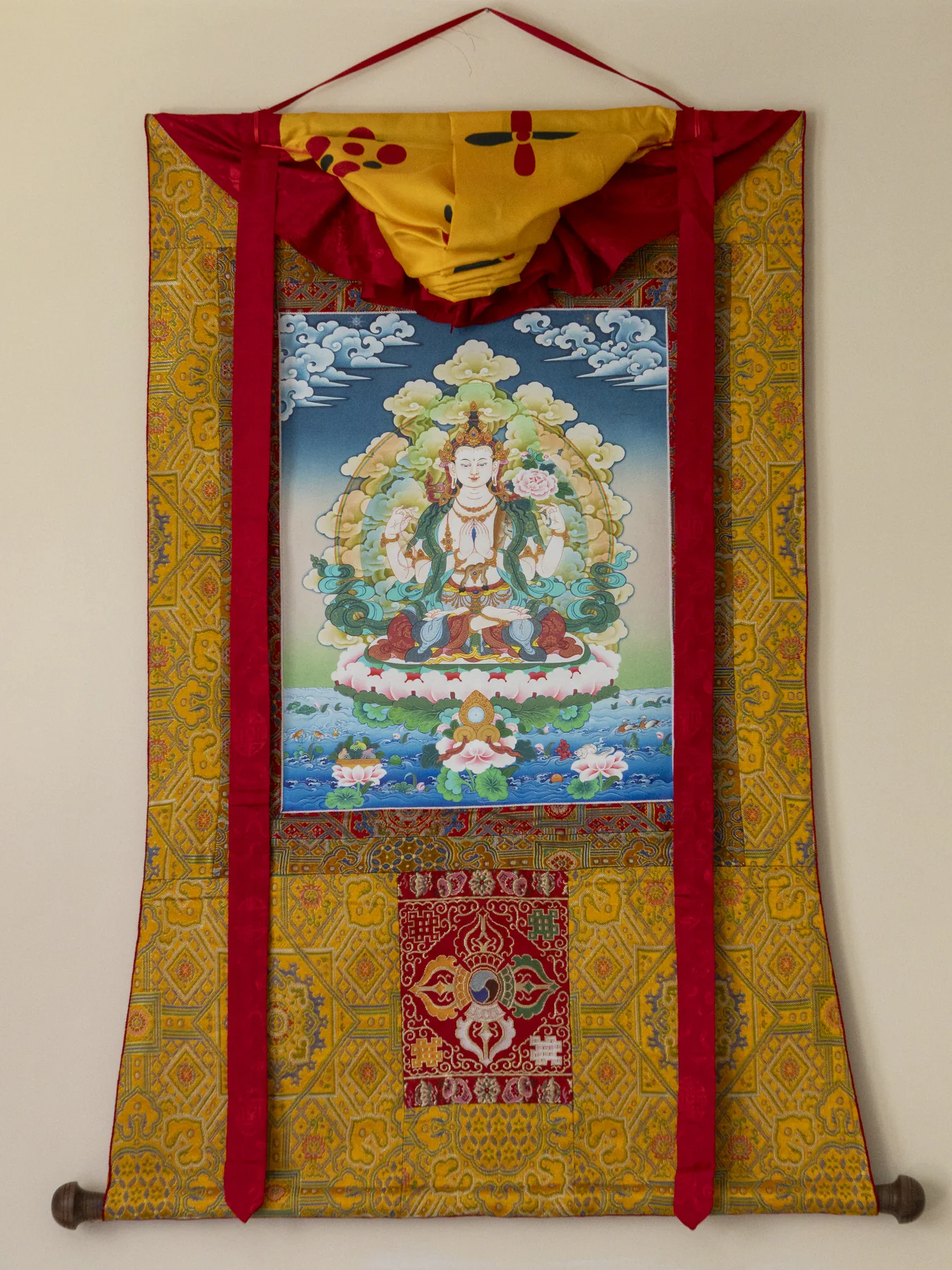Four-Armed Chenrezig Contemporary Silk Brocade Edition thangka with full brocade mount