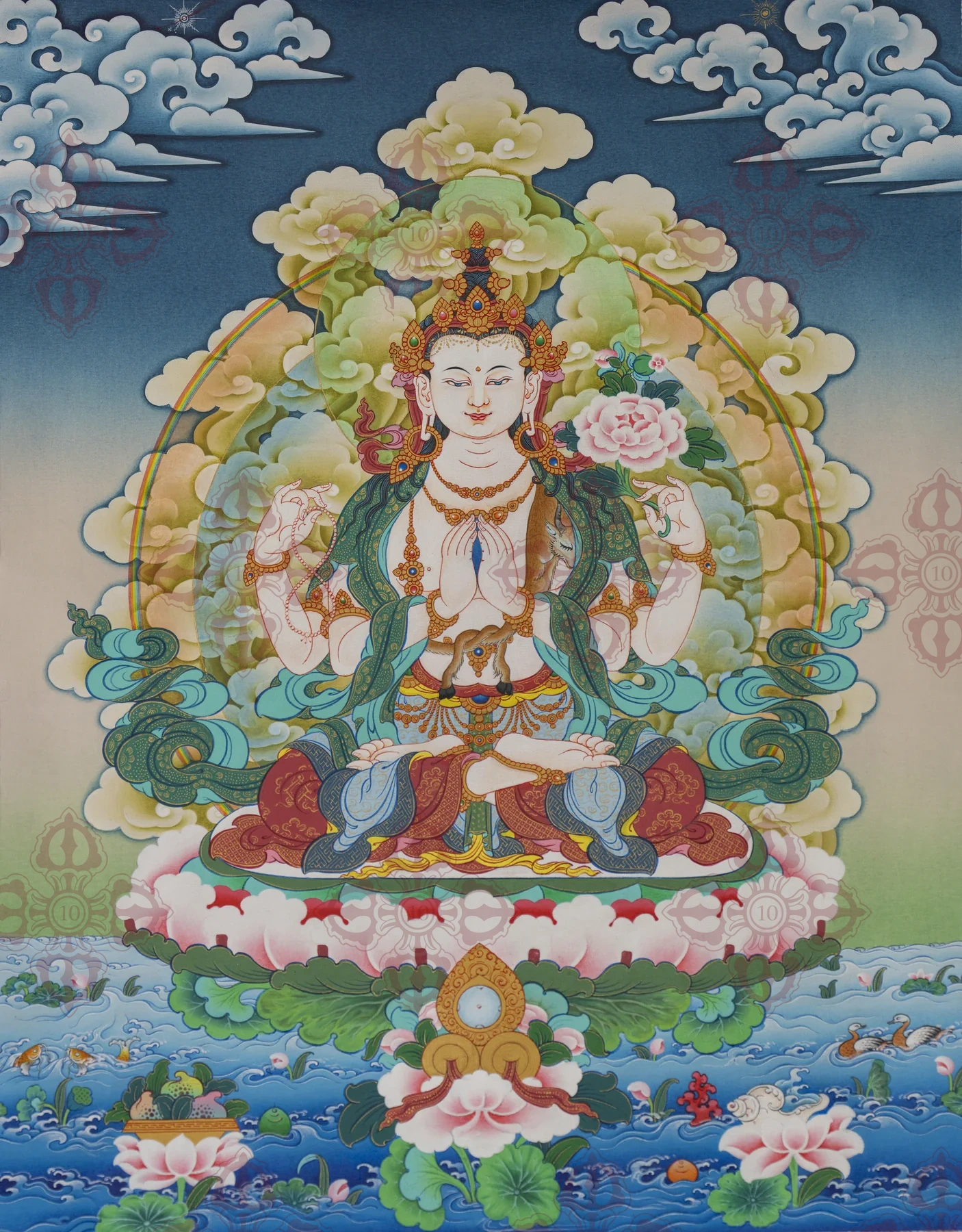 Four-Armed Chenrezig Contemporary Silk Brocade Edition thangka painting view
