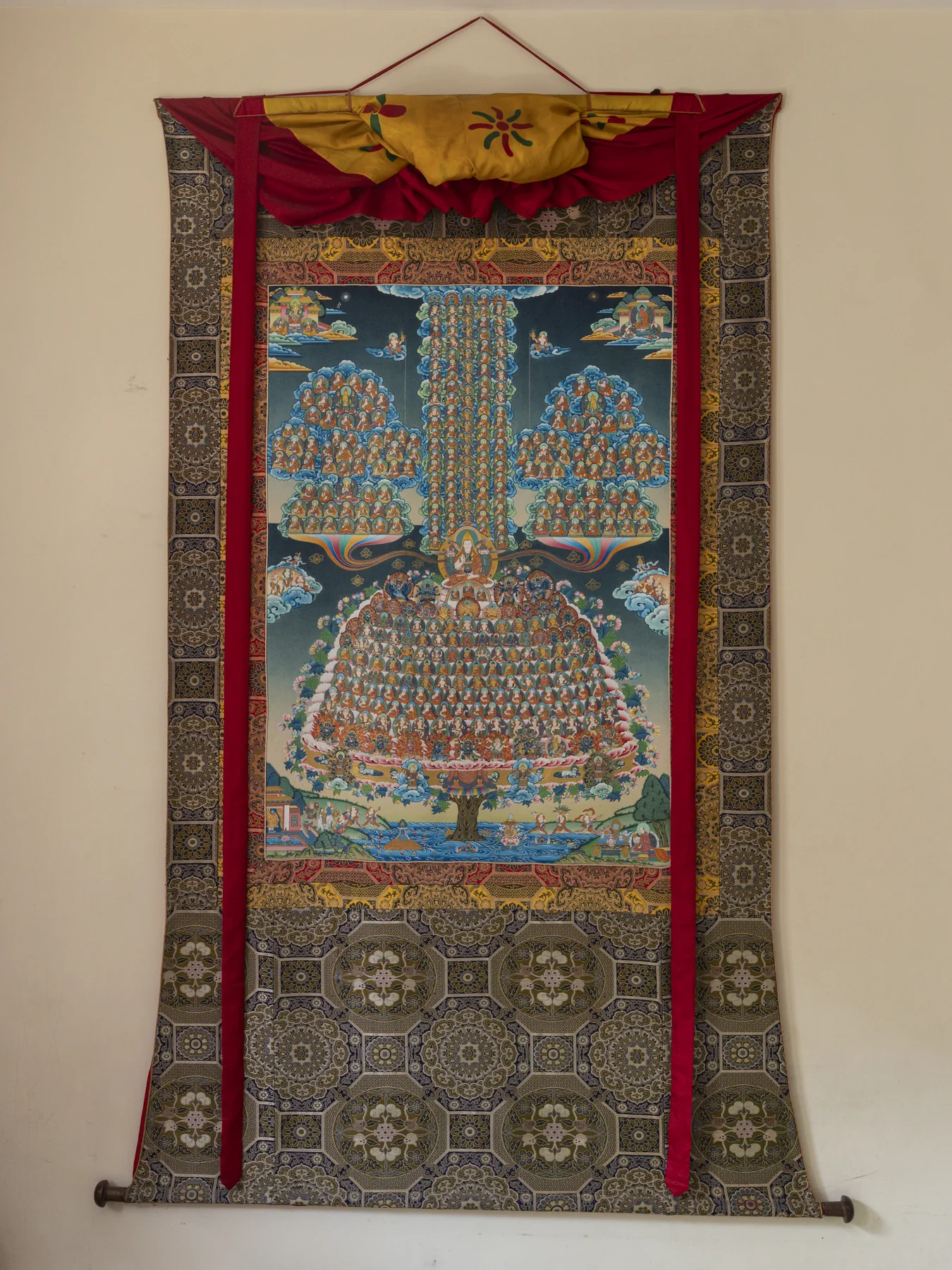 Gelug Tsogshing thangka with full brocade mount