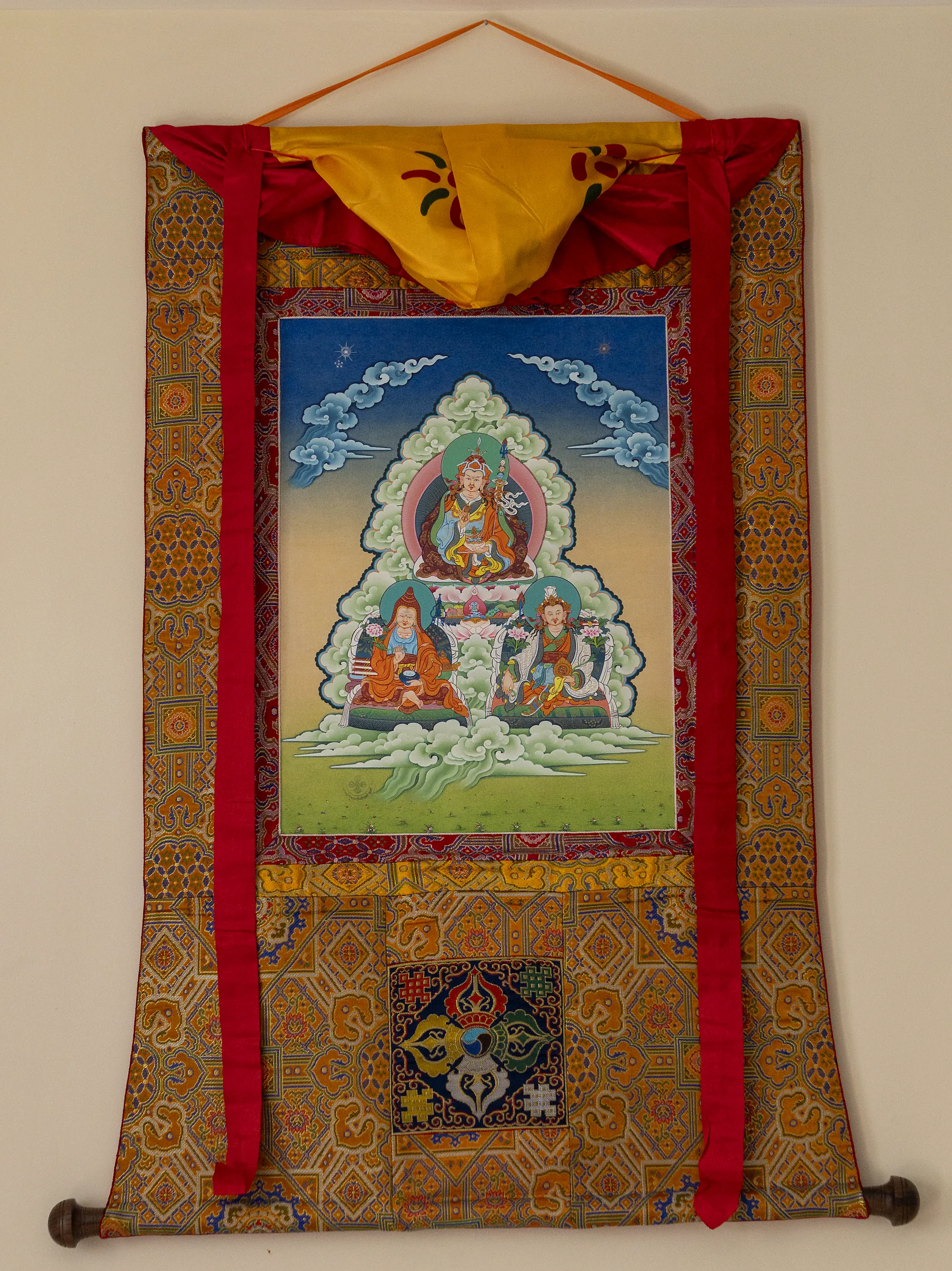 Khenlob Chosum, The Three Founding Masters of Tibet thangka with full brocade mount